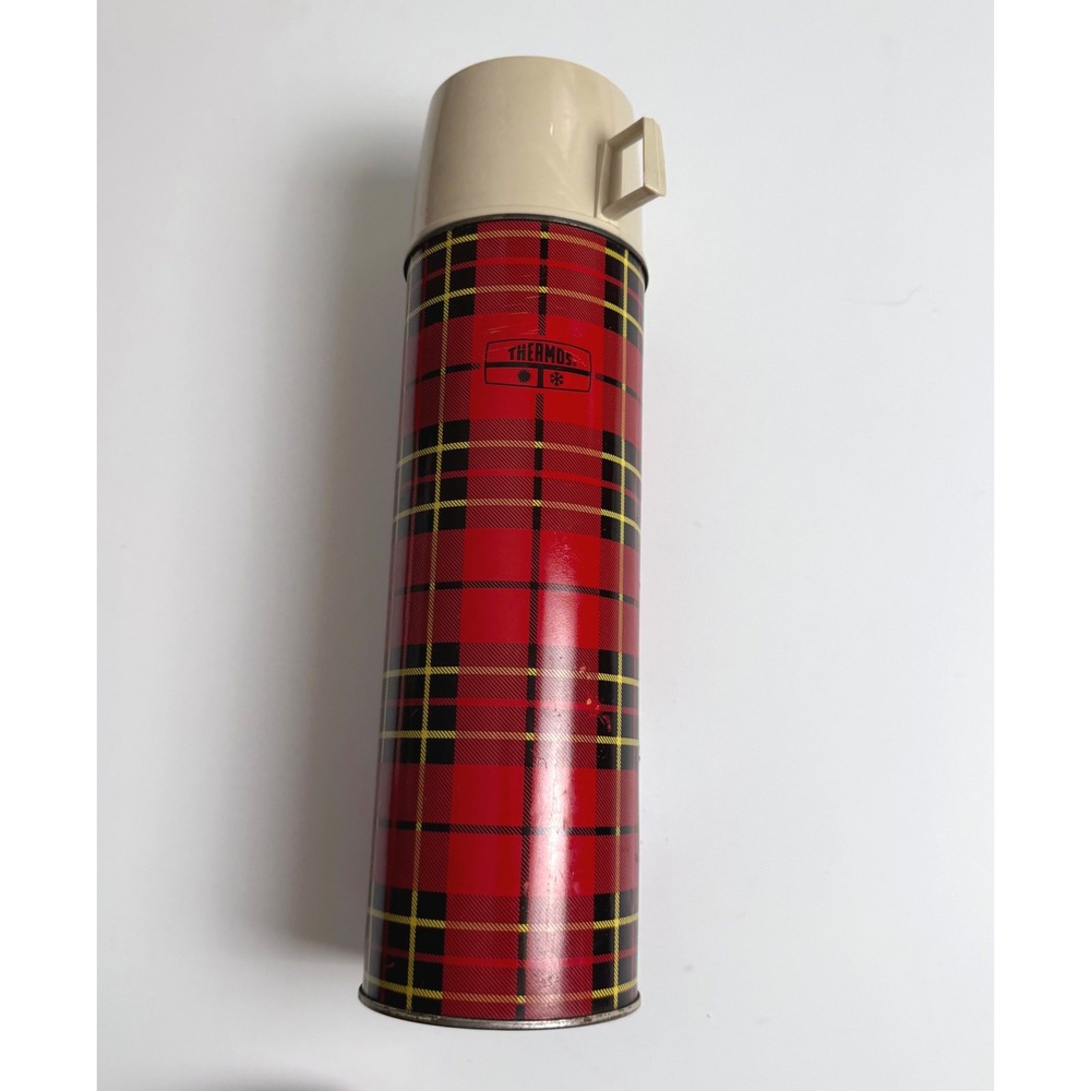 Vintage 1973 Thermos No 2442 Red Plaid Tartan Vacuum Bottle King Seeley USA Made
